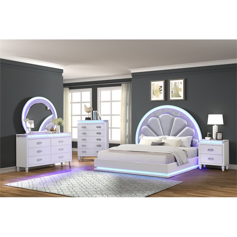 Atlin Designs Perla LED Queen Size Bed Made with Wood in Milky White