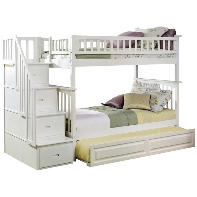 Rosebery Kids Twin over Twin Staircase Bunk Bed with Trundle in White