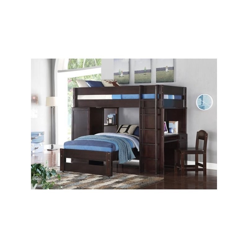 Rosebery Kids Loft Bed & Twin Bed with Desk, Chair, Storage Shelves in Wenge