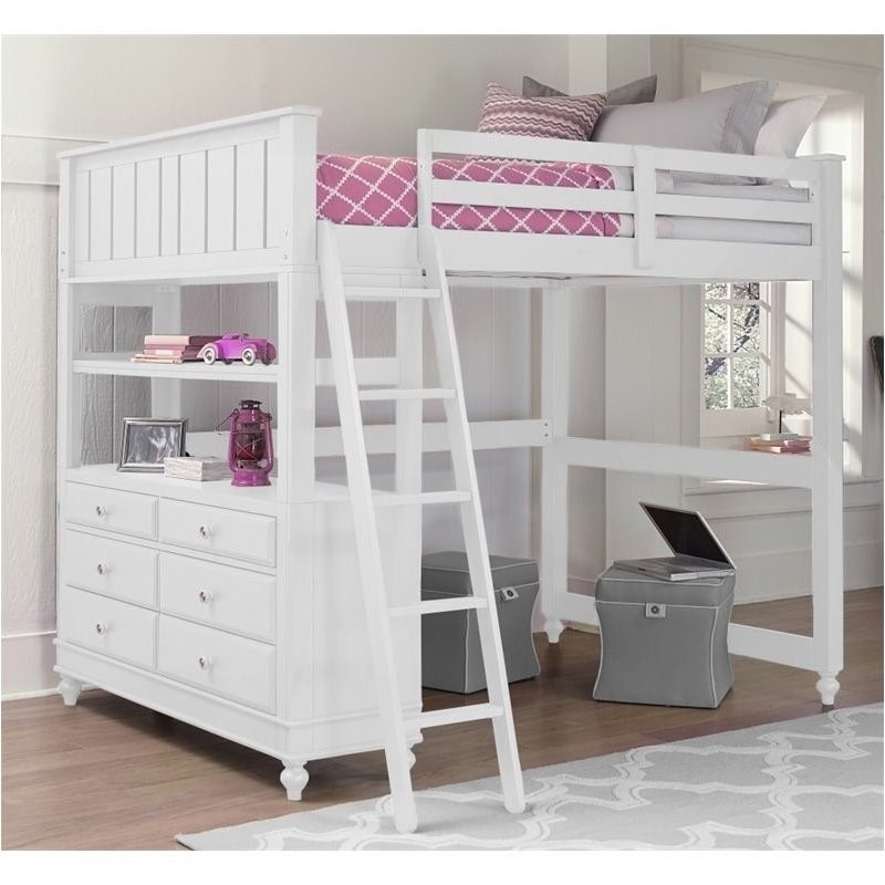 Rosebery Kids Summerland Full Loft Bed with Hanging Shelf in White