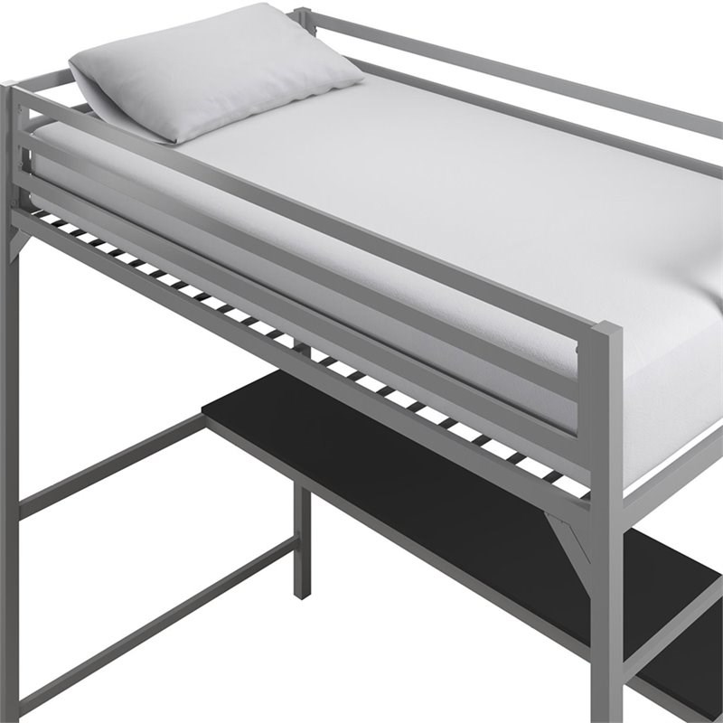Rosebery Kids Twin Metal Loft Bed with Desk in Silver