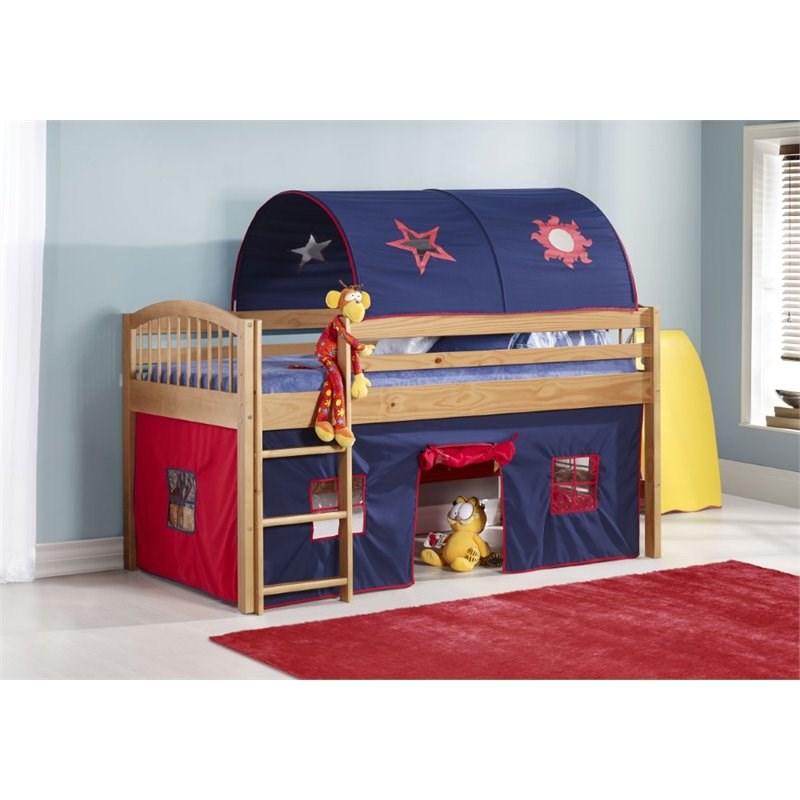 Roseberry Kids Junior Loft Bed Blue Tent and Playhouse with Red Trim in Cinnamon