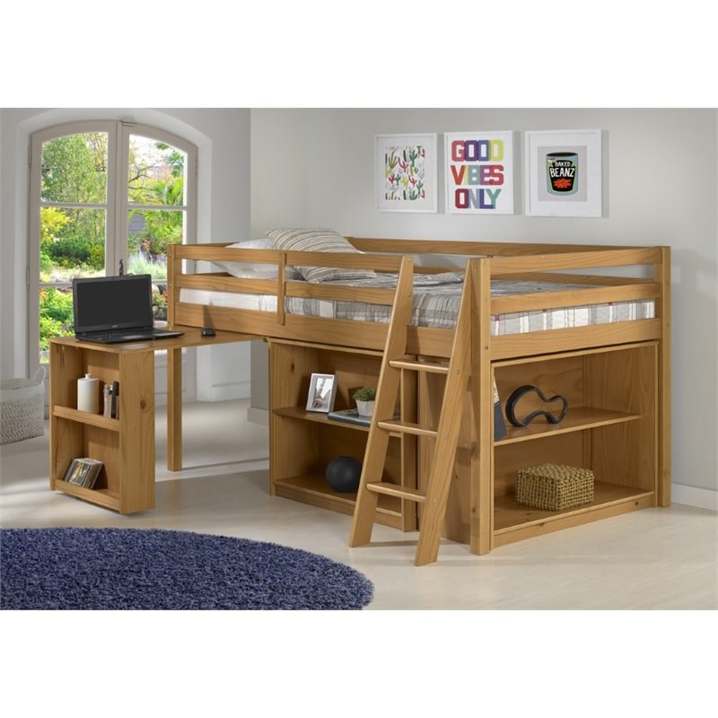 Rosebery Kids Wood Junior Loft Bed with Pull-out Desk and Bookcase in Cinnamon
