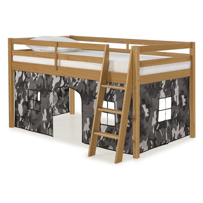 Rosebery Kids Twin Wood Junior Loft Bed with Cinnamon with Gray Camo Bottom Tent