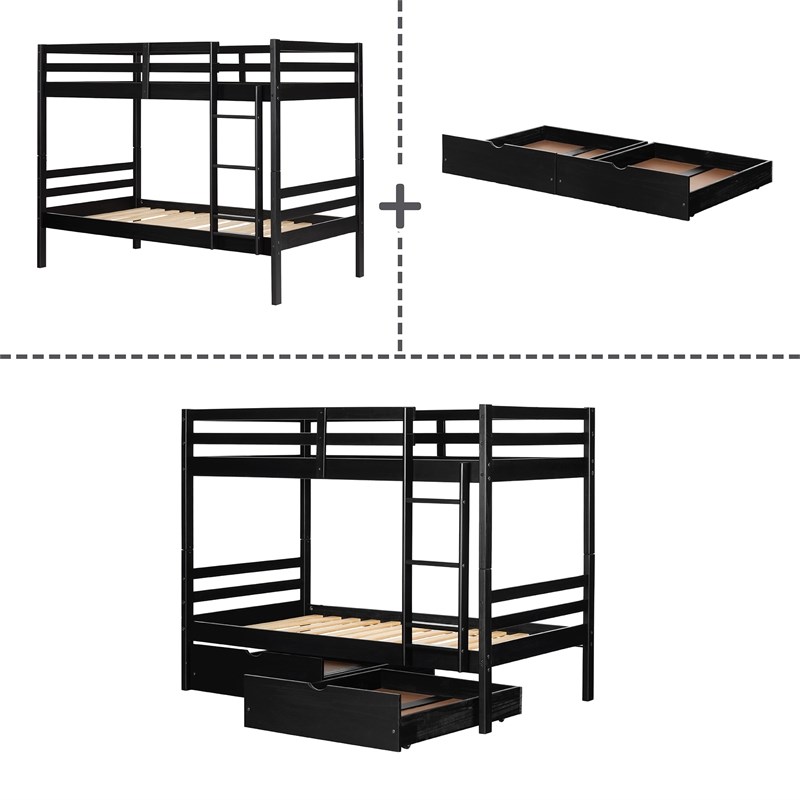 Rosebery Kids Bunk Beds and Rolling Drawers Set in Matte Black