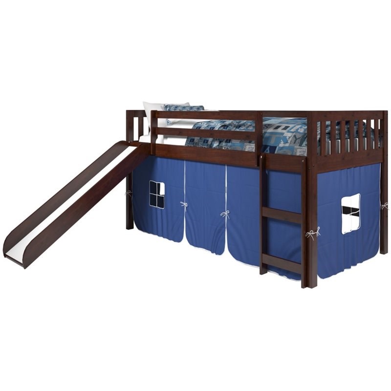 Rosebery Kids Twin Solid Wood Mission Low Loft Bed with Blue Tent in Cappuccino
