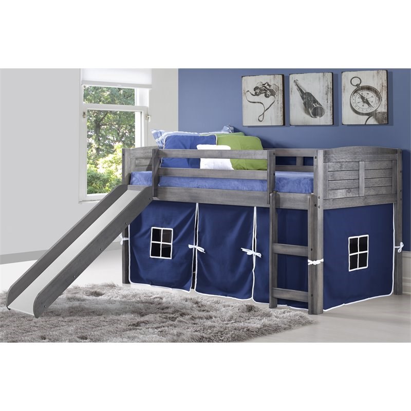 Rosebery Kids Twin Solid Wood Low Slide Loft Bed with Blue Tent in Gray