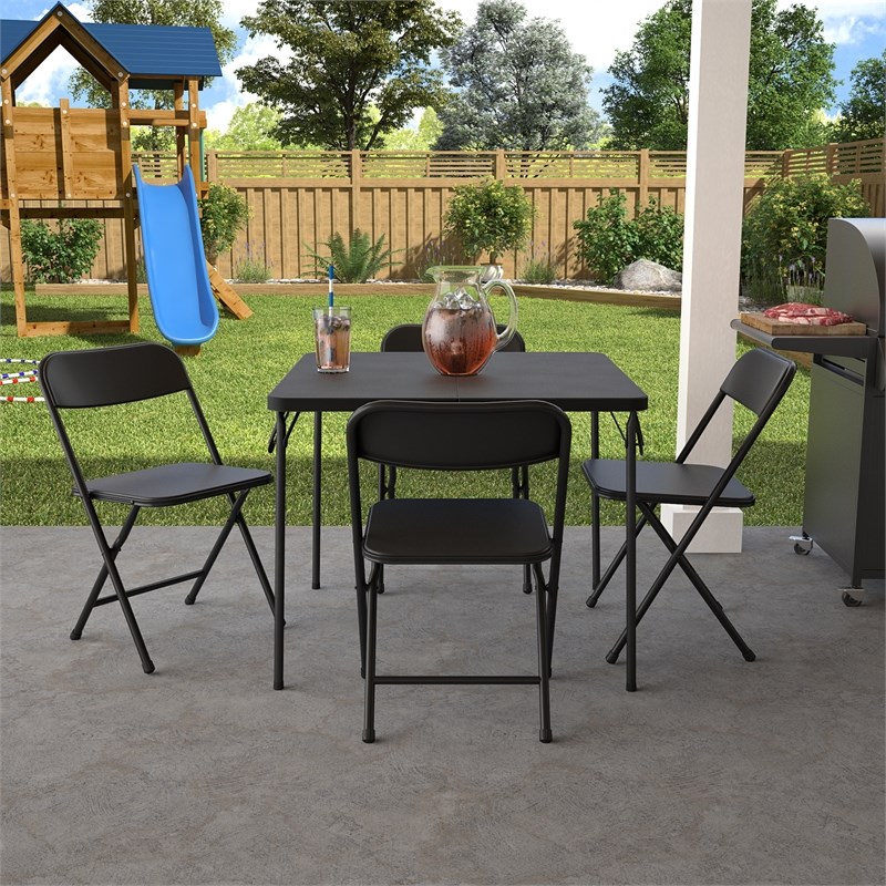 COSCO 5-Piece Solid Resin Folding Table & Chair Dining Set in Black
