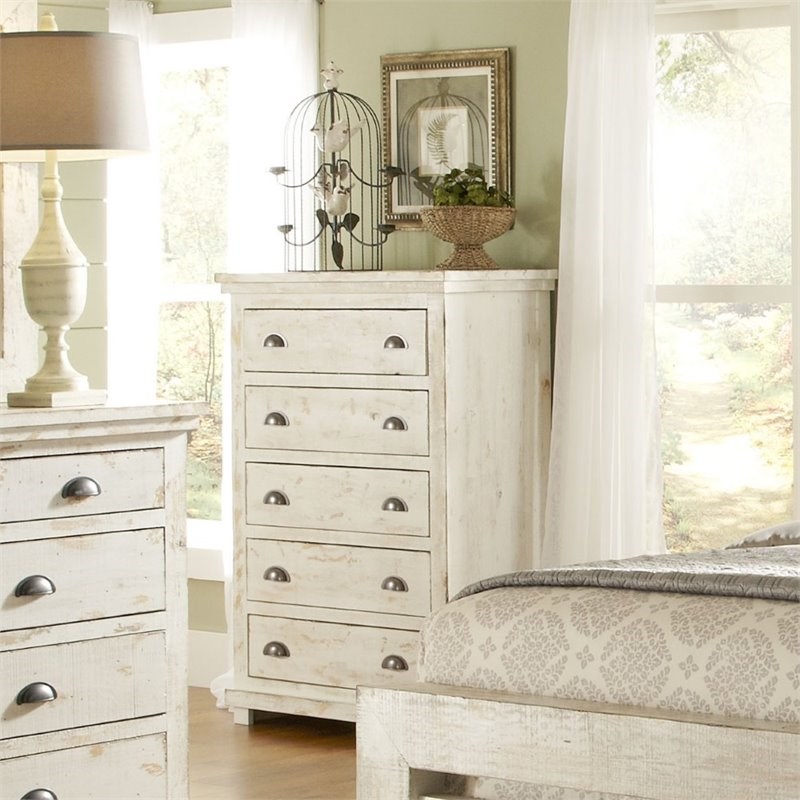 Progressive Furniture Willow 5 Drawer Chest in Distressed White
