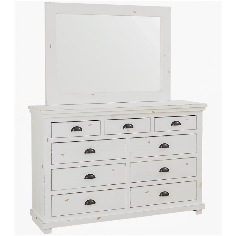 Progressive Furniture Willow 7 Drawer Dresser and Mirror in Distressed White