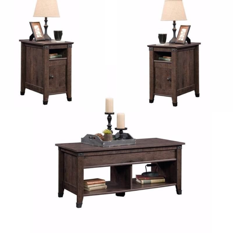 Rustic 3 Piece Coffee Table and End Table Sets in Oak Brown