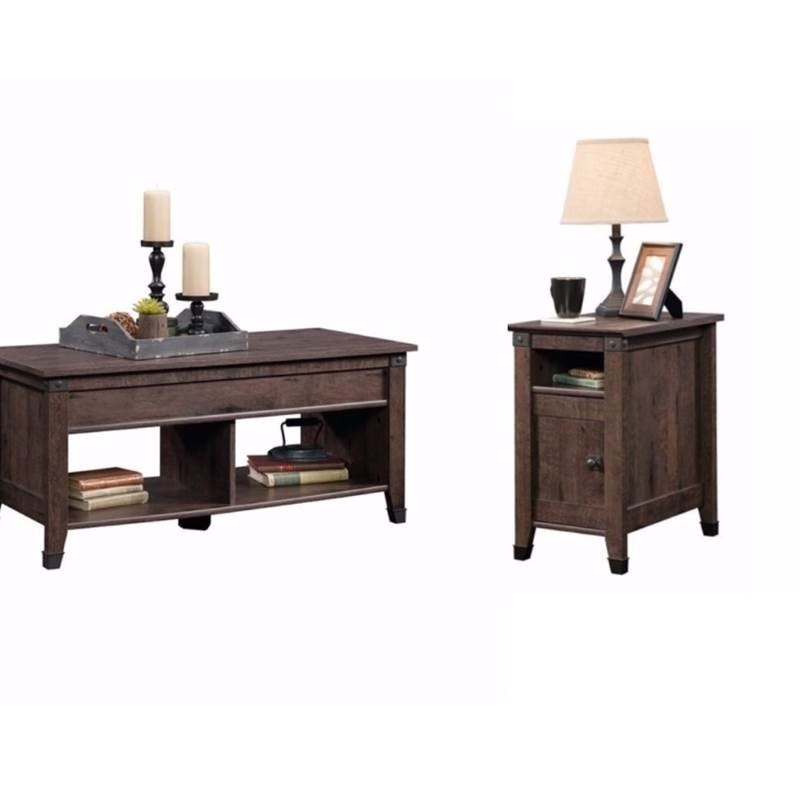 Rustic 2 Piece Coffee Table and End Table Sets in Oak Brown