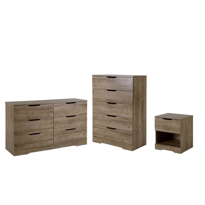 3 Piece Set with Nightstand Chest and Dresser in Weathered Oak