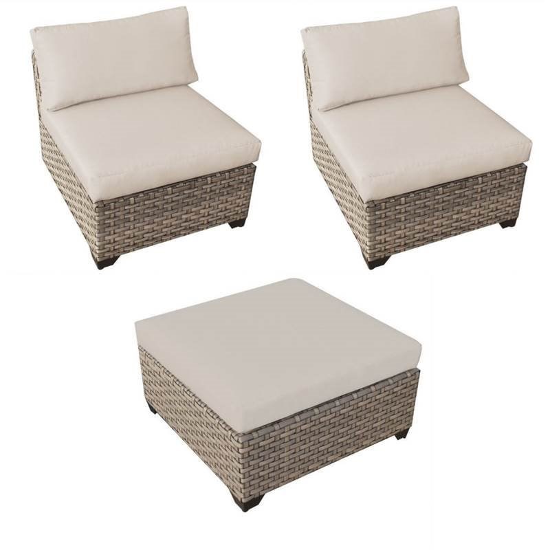 3 Piece Patio Furniture Set with 2 Monterey Armless Sofas and Patio Wicker Ottoman in Beige