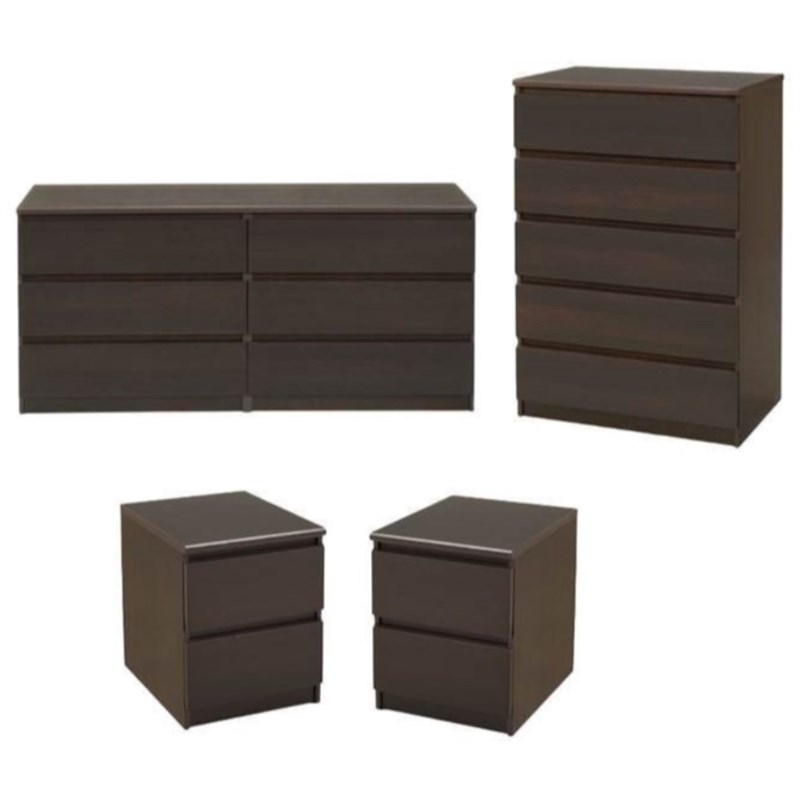 4 PC Bedroom Set with Double Dresser, Chest and 2 Nightstands in Coffee