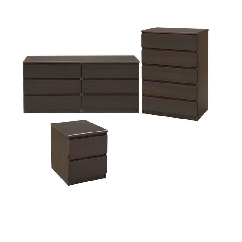3 Piece Bedroom Set with 6 Drawer Double Dresser, 5 Drawer Chest and 2 Drawer Nightstand in Coffee