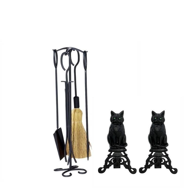 Fireplace Tool Set with Cast Iron Cats & 5 Piece Black Wrought Iron Fire Set in Black