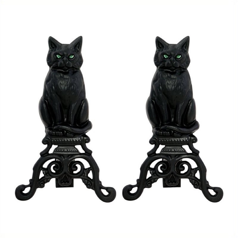 Fireplace Tool Set with Cast Iron Cats & 5 Piece Black Wrought Iron Ring and Swirl Fireset