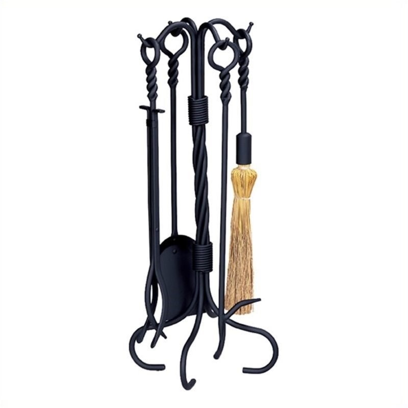 Fireplace Tool Set with Cast Iron Cats & 5 Piece Black Wrought Iron Ring and Swirl Fireset