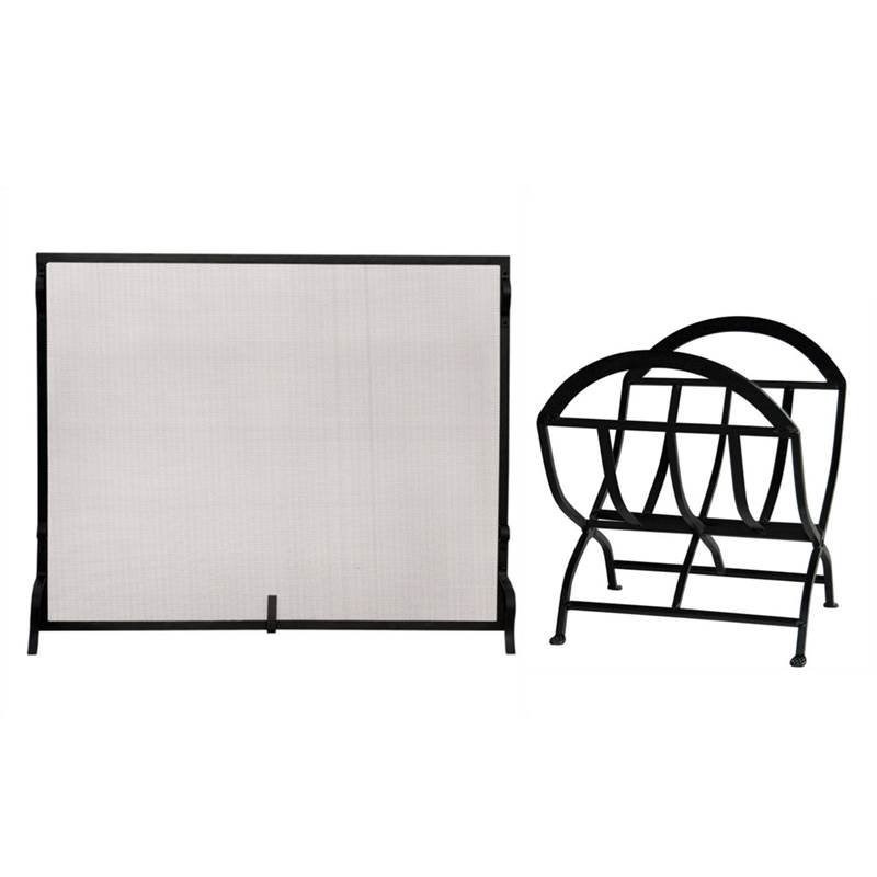 2 Piece Fireplace Tool Set with Wrought Iron Sparkguard & Wrought Iron Log Rack in Black