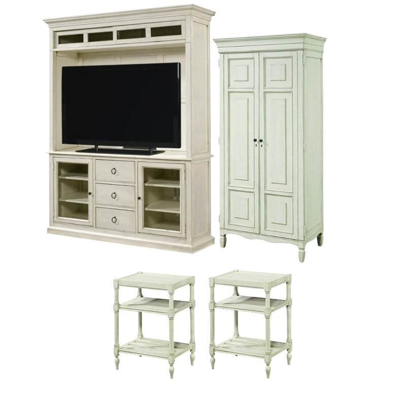 4 Piece Living Room Set with TV Stand with Deck, Tall Cabinet & 2 Chair Side Tables in Cotton