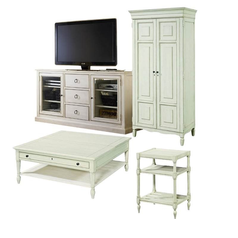 4 Piece Living Room Set with Tall Cabinet, TV Stand, Cocktail Table & Chair Side Table in Cotton