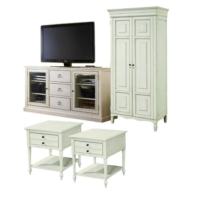 4 Piece Living Room Set with Tall Cabinet, TV Stand & 2 End Tables in Cotton