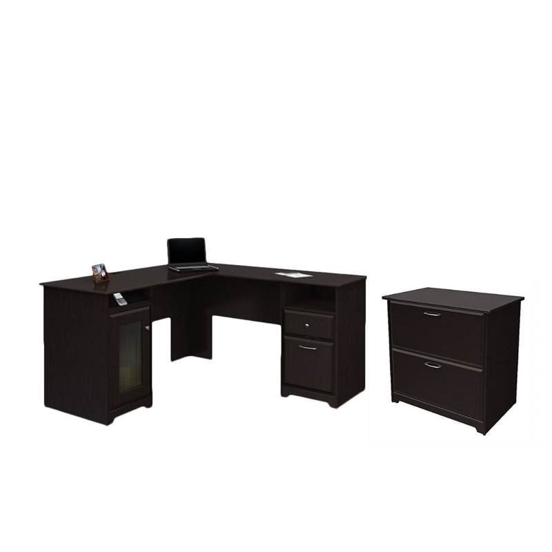 2 Piece Office Set with L Shape Desk and Filing Cabinet in Espresso Oak