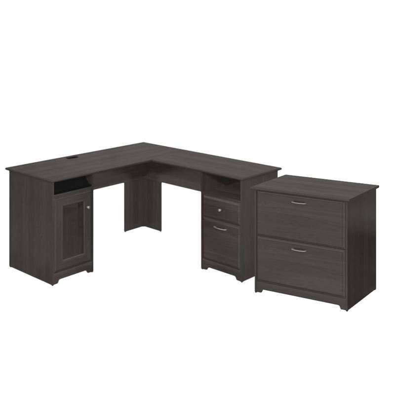 2 Piece Office Set with L Shape Desk and Filing Cabinet in Heather Gray