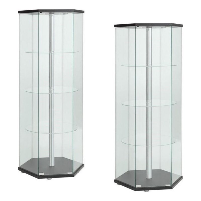 (Set of 2) Hexagon Glass Curio Cabinet in Black