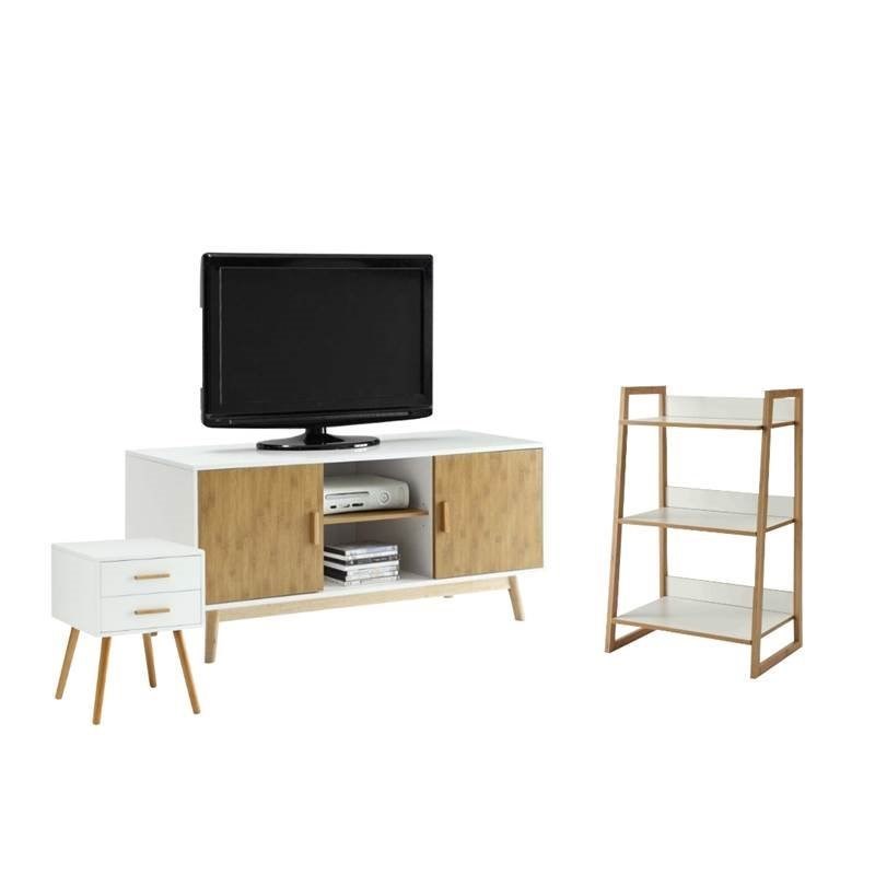 3 Piece Living Room Set with End Table and Bookcase and TV Stand in Natural and White