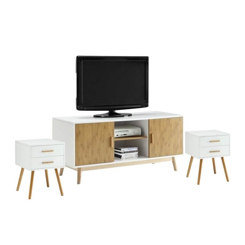 3 Piece Living Room Set with TV Stand and (Set of 2) End Tables in Natural and White