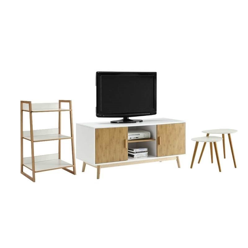4 Piece Living Room Set with Bookcase and Nesting Table with TV Stand in Natural and White