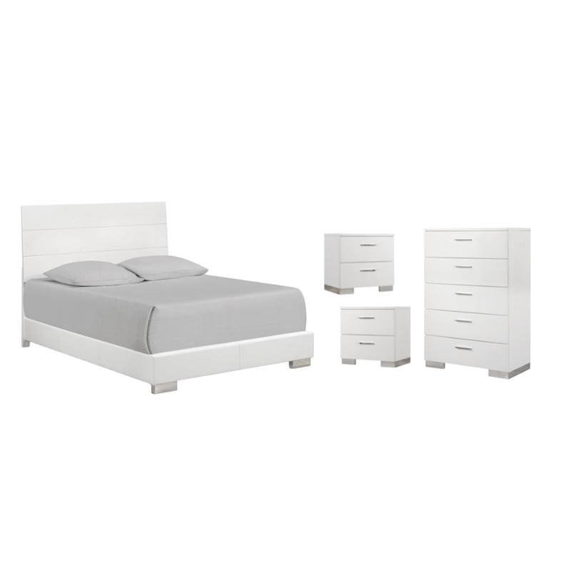 4 Piece Modern Bedroom Set with Queen Panel Bed and Chest with (Set of 2) Night Stands in White
