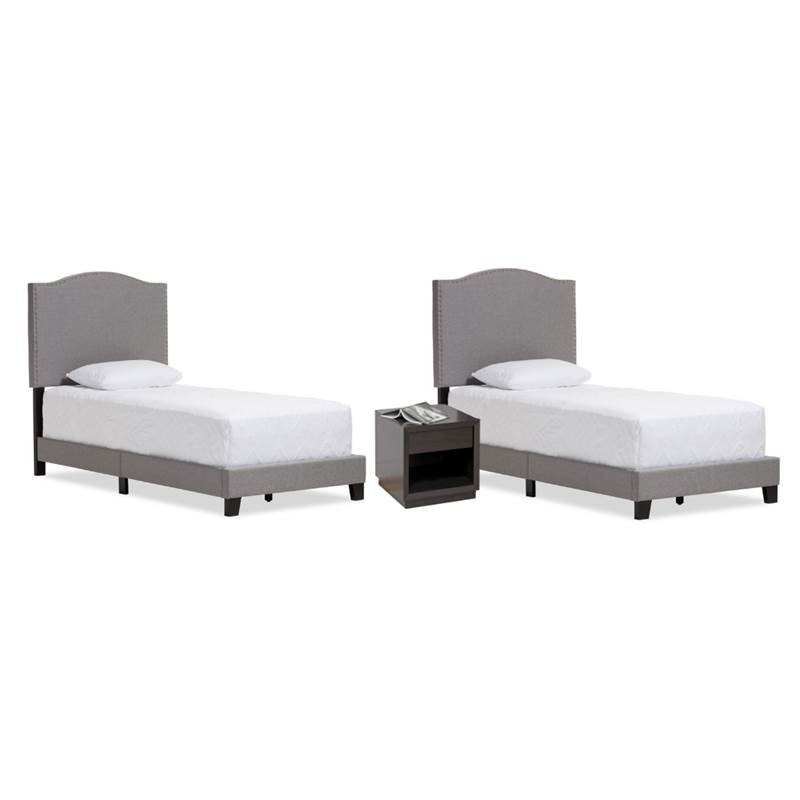 3 Piece Kids Bedroom Set with Set of 2 Twin Bed in Gray and Night Stand in Dark Brown