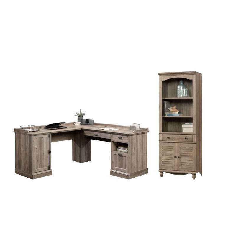 2 Piece Office Set with L Shape Computer Desk and Bookcase in Salt Oak