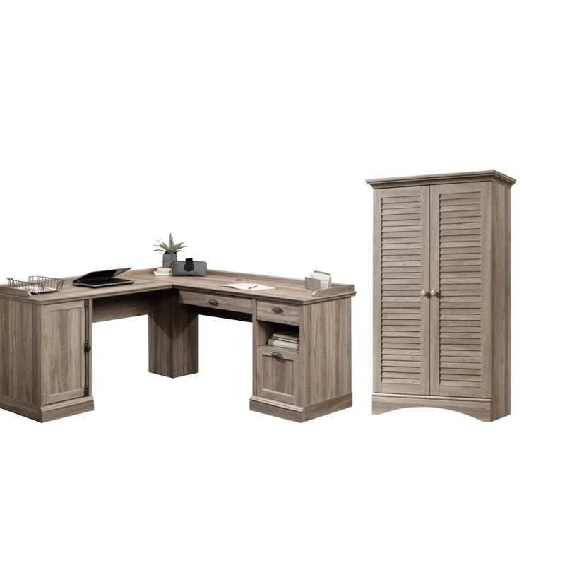 L-Shapes Home Office Computer Desk and Storage Cabinet in Salt Oak (Set of 2)