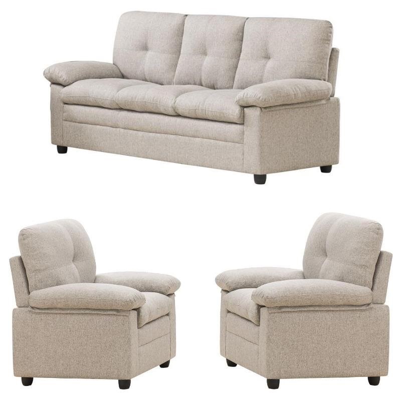 3 Piece Living Room Set with Sofa and 2 Armchairs in Beige
