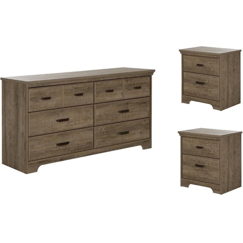 3 Piece Dresser and 2 Nightstands Bedroom Set in Weathered Oak ...