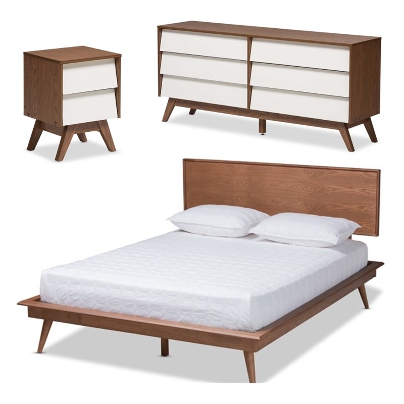 3 Piece Full Bed with Nightstand and Dresser Set in Walnut Brown and White
