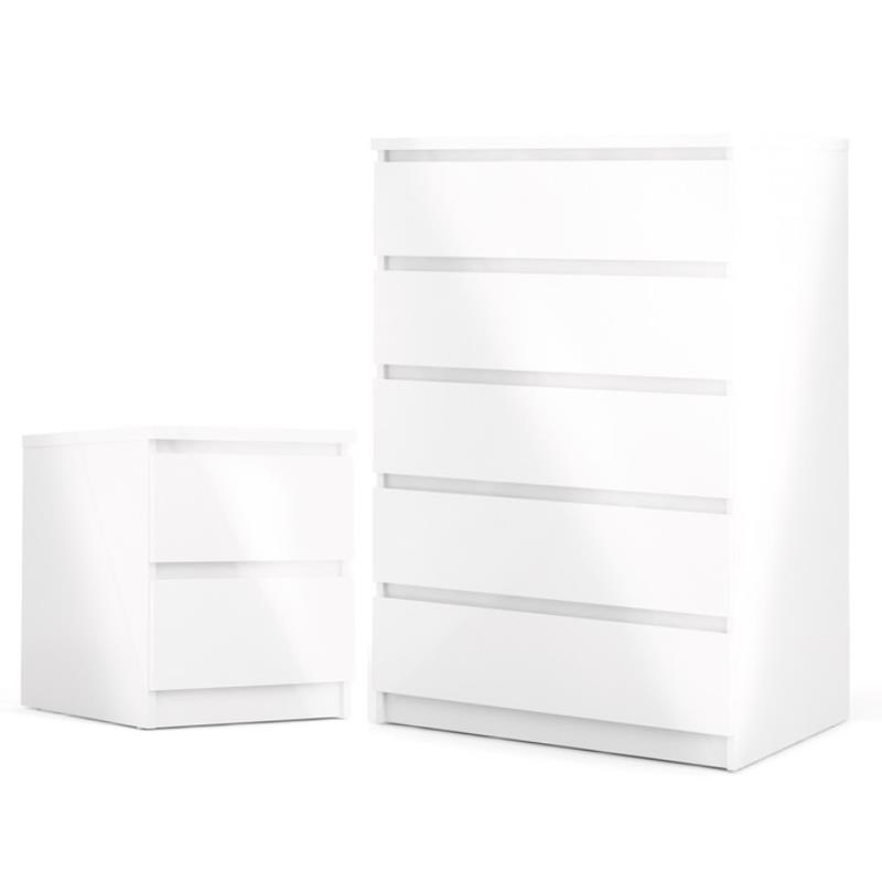 2 Piece Bedroom Set with 1 Chest and 1 Nightstand in White High Gloss