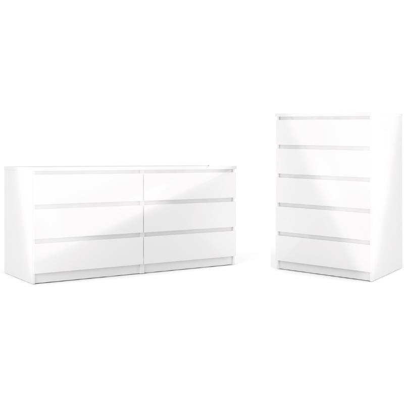 2 Piece Bedroom Set with 1 Chest and 1 Double Dresser in White High Gloss