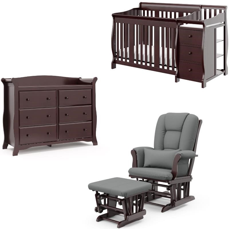 3-Piece Crib and Changing Table Set with Dresser and Glider Ottoman in Espresso