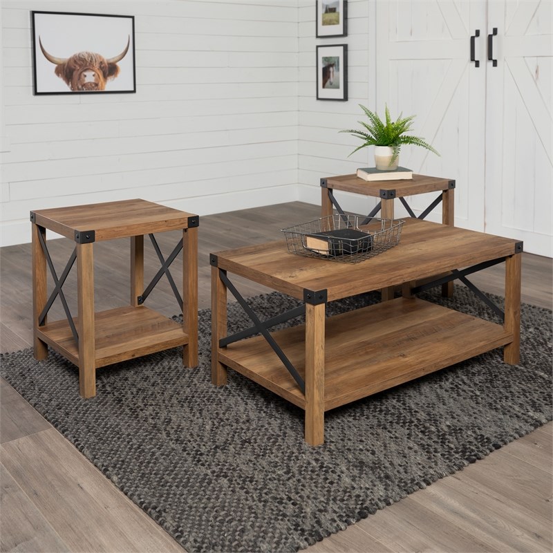 Farmhouse Fireplace TV Stand with Coffee Table and 2 End Tables Set in Barnwood