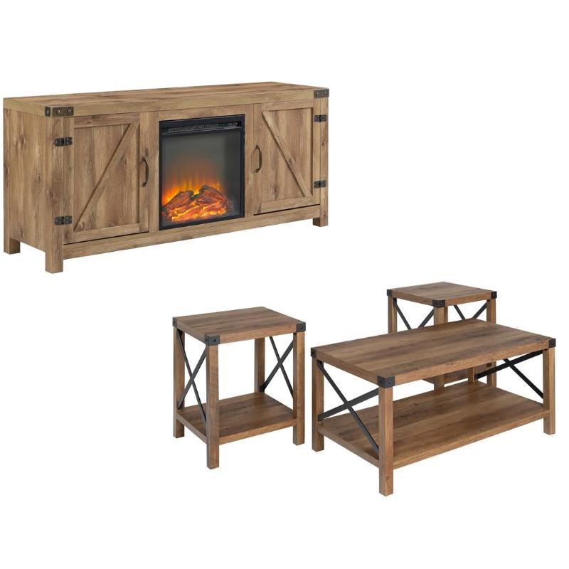 Farmhouse Fireplace TV Stand with Coffee Table and 2 End Tables Set in