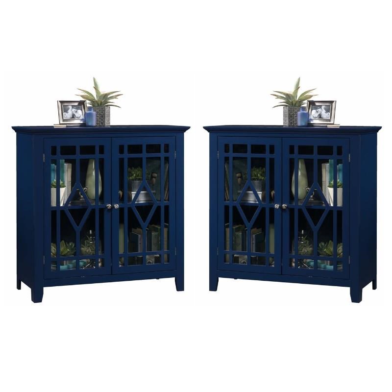 Home Square 2 Piece Geometric Glass Door Accent Curio Cabinet Set in Indigo Blue