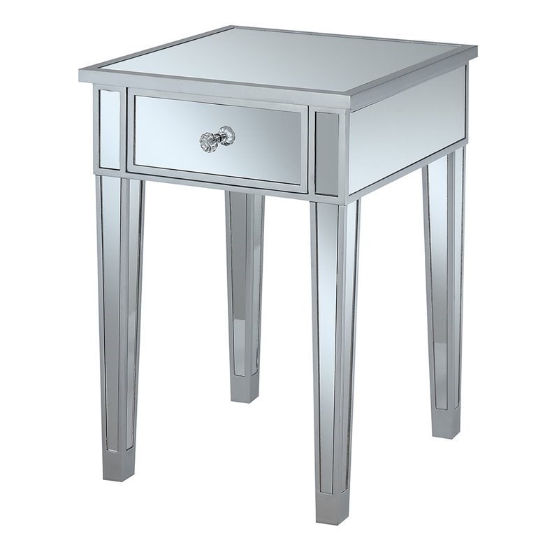 Home Square 2 Piece End Table with Drawer and Mirrored Glass Set in Silver