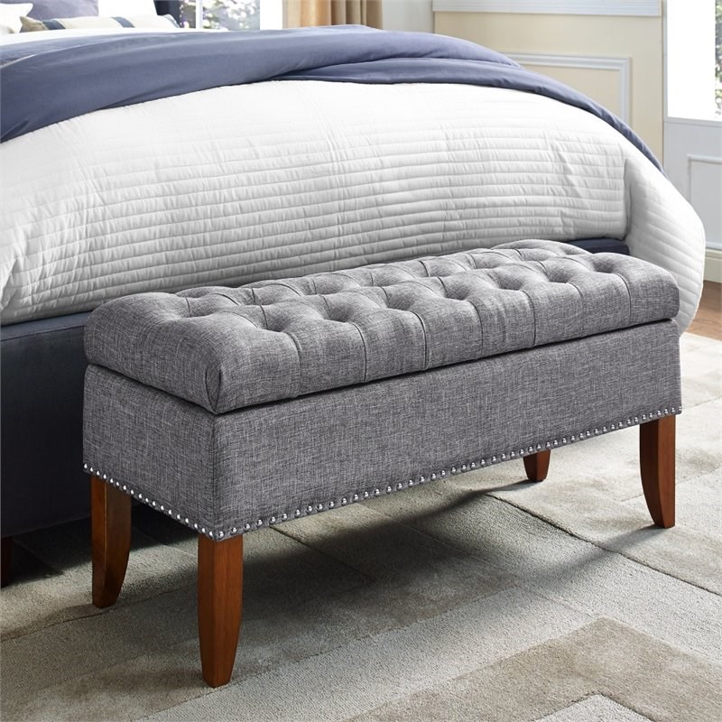 Home Square 2 Piece Tufted Storage Bed Bench Set in Gray