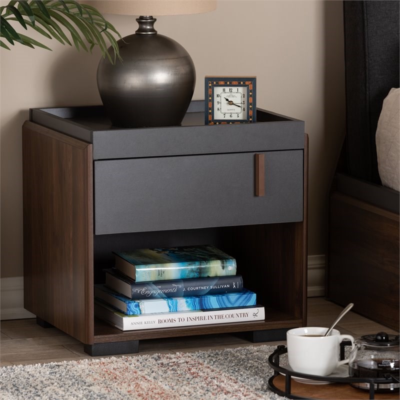 Home Square 1-Drawer Wood Nightstand Set in Gray and Walnut (Set of 2)