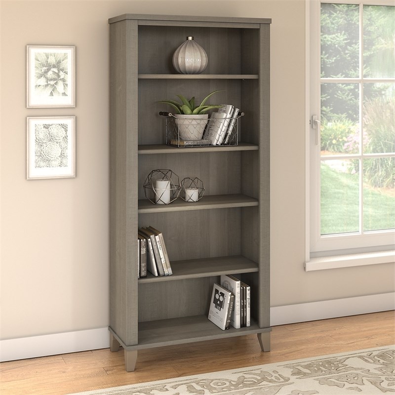 Home Square 2 Piece Solid Wood Bookcase Set with 5 Shelf in Ash Gray